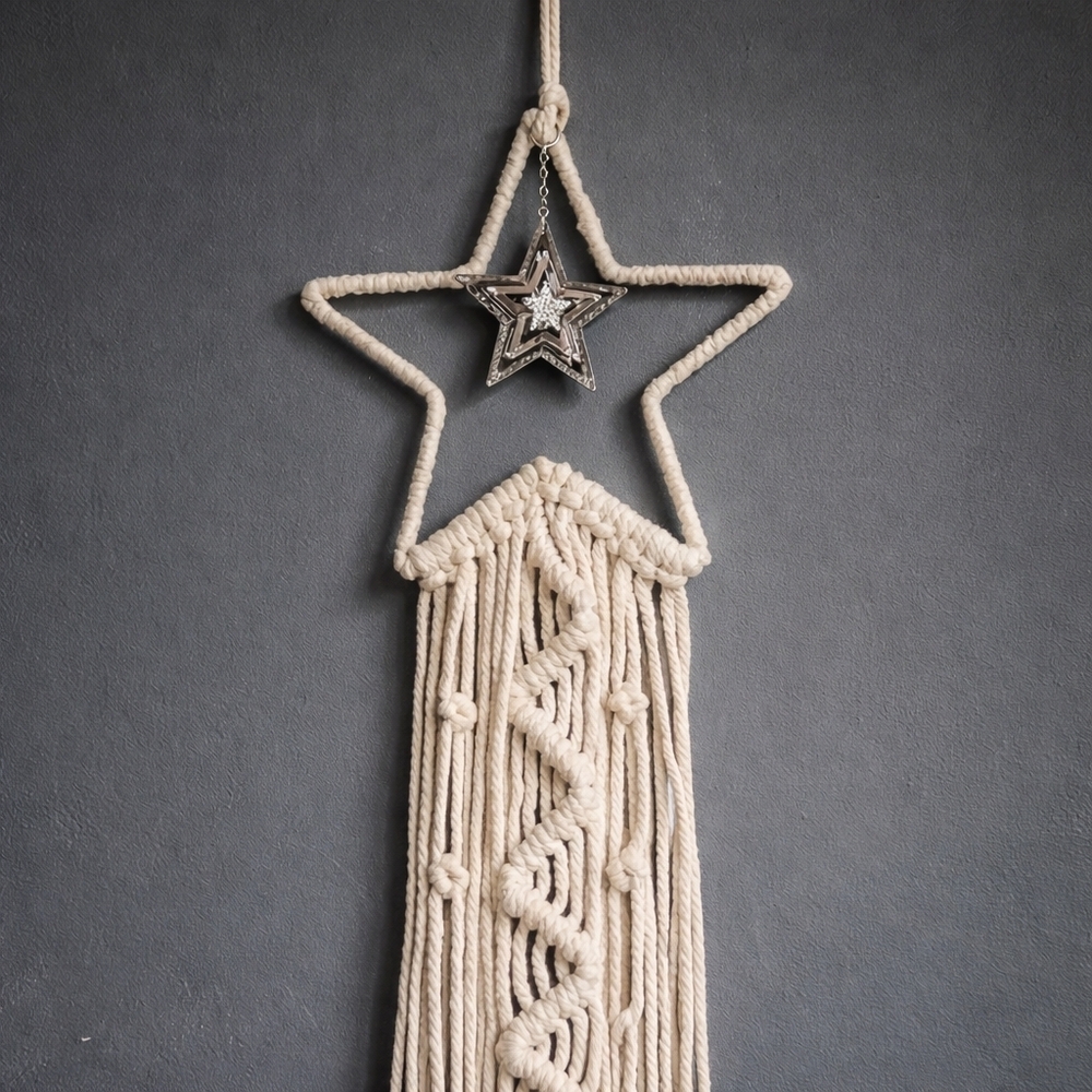 Celestial Macramรฉ Star Wall Hanging 38โ Cream Silver Charm Whimsigoth Decor - Picture 12 of 14